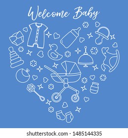 Vector illustration with goods for babies. Newborn baby background. Baby nipple, socks, diaper, bodysuit, duck, bib, baby food jar, pyramid, rattle, whirligig, pram, bottle, rocking horse.
