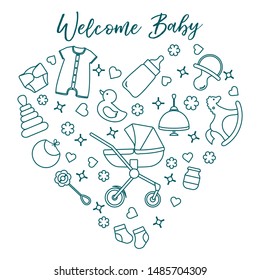 Vector illustration with goods for babies. Newborn baby background. Baby nipple, socks, diaper, bodysuit, duck, bib, baby food jar, pyramid, rattle, whirligig, pram, bottle, rocking horse.