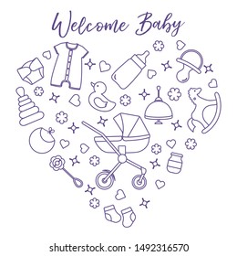 Vector illustration with goods for babies. Newborn baby background. Baby nipple, socks, diaper, bodysuit, duck, bib, baby food jar, pyramid, rattle, whirligig, pram, bottle, rocking horse.