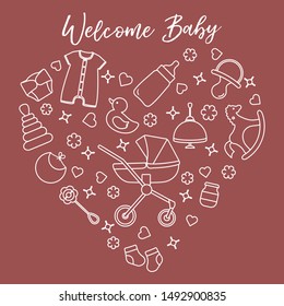 Vector illustration with goods for babies. Newborn baby background. Baby nipple, socks, diaper, bodysuit, duck, bib, baby food jar, pyramid, rattle, whirligig, pram, bottle, rocking horse.