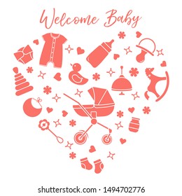 Vector illustration with goods for babies. Newborn baby background. Baby nipple, socks, diaper, bodysuit, duck, bib, baby food jar, pyramid, rattle, whirligig, pram, bottle, rocking horse.