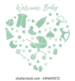 Vector illustration with goods for babies. Newborn baby background. Baby nipple, socks, diaper, bodysuit, duck, bib, baby food jar, pyramid, rattle, whirligig, pram, bottle, rocking horse.