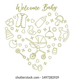 Vector illustration with goods for babies. Newborn baby background. Baby nipple, socks, diaper, bodysuit, duck, bib, baby food jar, pyramid, rattle, whirligig, pram, bottle, rocking horse.