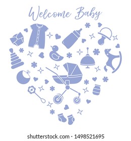 Vector illustration with goods for babies. Newborn baby background. Baby nipple, socks, diaper, bodysuit, duck, bib, baby food jar, pyramid, rattle, whirligig, pram, bottle, rocking horse.