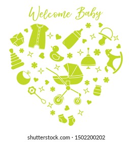 Vector illustration with goods for babies. Newborn baby background. Baby nipple, socks, diaper, bodysuit, duck, bib, baby food jar, pyramid, rattle, whirligig, pram, bottle, rocking horse.