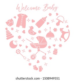 Vector illustration with goods for babies. Newborn baby background. Baby nipple, socks, diaper, bodysuit, duck, bib, baby food jar, pyramid, rattle, whirligig, pram, bottle, rocking horse.