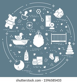 Vector illustration with goods for babies. Newborn baby background. Baby nipple, socks, diaper, bodysuit, duck, bib, baby food can, pyramid, rattle, bottle, crib, bathtub, baby monitor Happy childhood