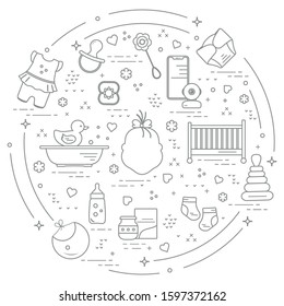 Vector illustration with goods for babies. Newborn baby background. Baby nipple, socks, diaper, bodysuit, duck, bib, baby food can, pyramid, rattle, bottle, crib, bathtub, baby monitor Happy childhood