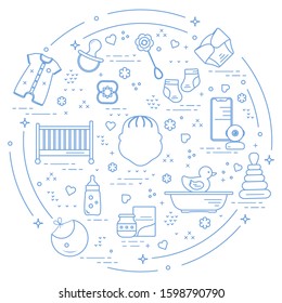 Vector illustration with goods for babies. Newborn baby background. Baby nipple, socks, diaper, bodysuit, duck, bib, baby food can, pyramid, rattle, bottle, crib, bathtub, baby monitor Happy childhood