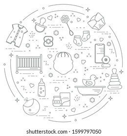 Vector illustration with goods for babies. Newborn baby background. Baby nipple, socks, diaper, bodysuit, duck, bib, baby food can, pyramid, rattle, bottle, crib, bathtub, baby monitor Happy childhood
