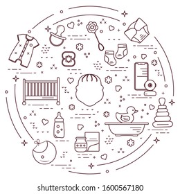 Vector illustration with goods for babies. Newborn baby background. Baby nipple, socks, diaper, bodysuit, duck, bib, baby food can, pyramid, rattle, bottle, crib, bathtub, baby monitor Happy childhood