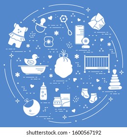 Vector illustration with goods for babies. Newborn baby background. Baby nipple, socks, diaper, bodysuit, duck, bib, baby food can, pyramid, rattle, bottle, crib, bathtub, baby monitor Happy childhood