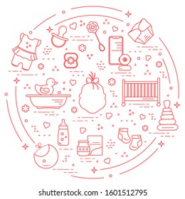 Vector illustration with goods for babies. Newborn baby background. Baby nipple, socks, diaper, bodysuit, duck, bib, baby food can, pyramid, rattle, bottle, crib, bathtub, baby monitor Happy childhood