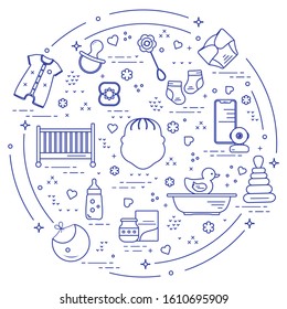 Vector illustration with goods for babies. Newborn baby background. Baby nipple, socks, diaper, bodysuit, duck, bib, baby food can, pyramid, rattle, bottle, crib, bathtub, baby monitor Happy childhood