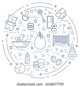 Vector illustration with goods for babies. Newborn baby background. Baby nipple, socks, diaper, bodysuit, duck, bib, baby food can, pyramid, rattle, bottle, crib, bathtub, baby monitor Happy childhood
