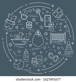 Vector illustration with goods for babies. Newborn baby background. Baby nipple, socks, diaper, bodysuit, duck, bib, baby food can, pyramid, rattle, bottle, crib, bathtub, baby monitor Happy childhood