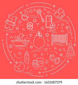 Vector illustration with goods for babies. Newborn baby background. Baby nipple, socks, diaper, bodysuit, duck, bib, baby food can, pyramid, rattle, bottle, crib, bathtub, baby monitor Happy childhood