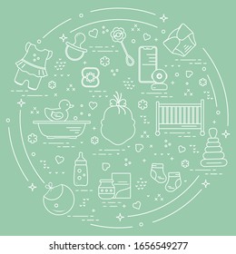 Vektorillustration mit Babyartikeln. Neugeborener Hintergrund. Babynippel, Socken, Windeln, Körperanzug, Ente, Bib, Babynahrung, Babydose, Pyramide, Rind, Flasche, Krümel, Badewanne, Babymonitor Alles Gute für die Kindheit