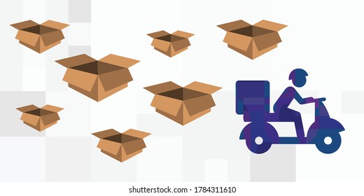 vector illustration for goods delivery service with courier carrying boxes on scooter