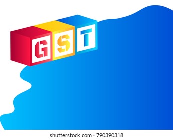 Vector illustration of Goods and Services Tax or GST with red, yellow and blue color dice or cubes on blue paint splash and white background.