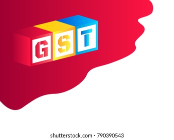 Vector illustration of Goods and Services Tax or GST with red, yellow and blue color dice or cubes on dark pink and red paint splash and white background.