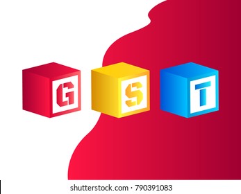 Vector illustration of Goods and Services Tax or GST with red, yellow and blue color dice or cubes on dark pink paint splash and white background.