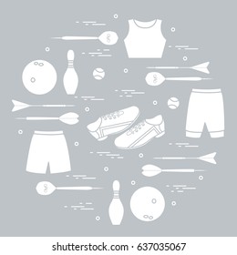 Vector illustration with goods for sports arranged in a circle. Sports theme. Design for banner, poster or print.