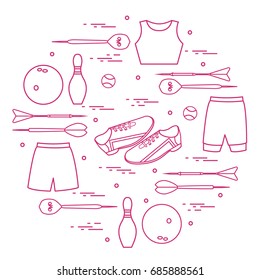Vector illustration with goods for sports arranged in a circle. Sports theme. Design for banner, poster or print.