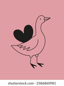 Vector illustration with goose and big black heart. Romantic greeting card, home decoration poster, apparel print design