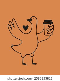 Vector illustration with goose and coffee-to-go cup. Funny print design with farm bird, cafe wall decoration poster, mug print design 