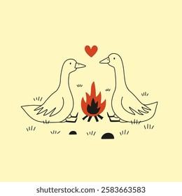 Vector illustration with goose couple sitting on a date with fireplace. Romantic Valentine's day greeting card template, apparel print design, wall decoration poster