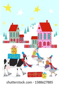 Vector illustration of a goose and cow in hat and scarf and skates on the ice rink. Cute small winter village. Winter christmas greeting card. Flat graphic