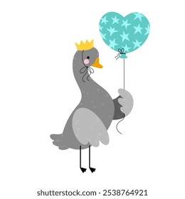 Ilustração vetorial de ganso em coroa, com balão, isolado no fundo branco. Retrato animal bonito, pássaro para cartões, adesivos, saudações de aniversário, impressão, design, cartaz.