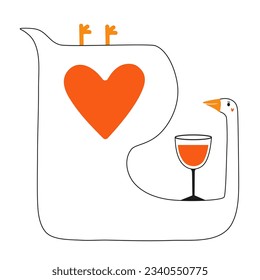 Vector illustration with goose farm bird, big red heart and glass of red wine or cocktail. Trendy print design, party invitation celebration greeting card