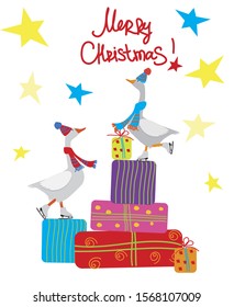 Vector illustration of a goose in hat and scarf and skates with christmas presents. Winter christmas greeting card. Flat graphic