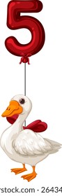 Vector illustration of a goose holding a red balloon shaped like the number five. Bright colors and playful composition