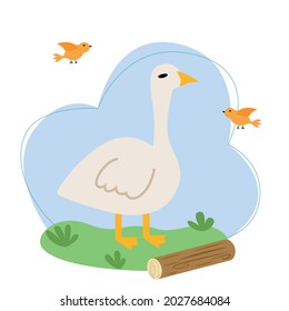 Ilustración vectorial con ganso sobre un fondo de cielo y hierba de estilo plano.