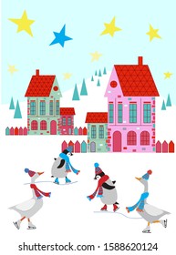 Vector illustration of a goose and penguin in hat and scarf and skates on the ice rink. Cute small winter village. Winter christmas greeting card. Flat graphic
