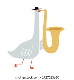 Vector illustration with goose playing saxophone. Colored music print design with animal and music instrument