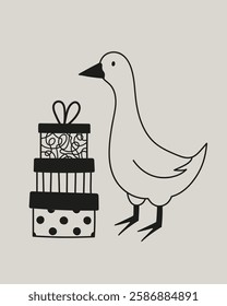 Vector illustration with goose and set of gift boxes. Cute greeting card design, wall decoration poster, apparel print