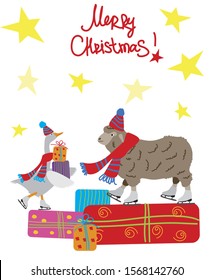 Vector illustration of a goose and sheep in hat and scarf and skates with christmas presents. Winter christmas greeting card. Flat graphic