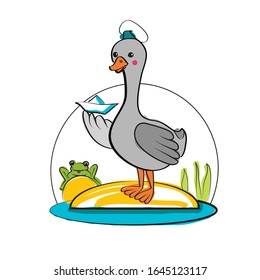 Vector illustration of a goose standing on an island and holding a paper boat.