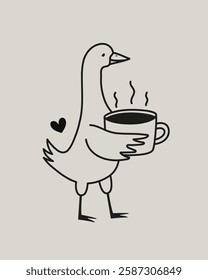 Vector illustration with a goose walking with a cup of tea or coffee. Cute print design with farm bird, cafe wall decoration poster, apparel print design