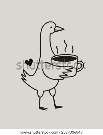 Vector illustration with a goose walking with a cup of tea or coffee. Cute print design with farm bird, cafe wall decoration poster, apparel print design