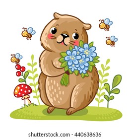 Vector illustration of a gopher and bees in a meadow with flowers in their hands. Cute rodent near the fly