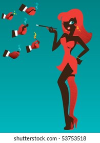 Vector illustration of a gorgeous pin up style woman asking for some light and a lot of men offering.