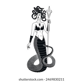 Vector illustration of Gorgon Medusa.  Turns to stone. Fairytale animal. Mythical creature. Ancient Greek characters. A monster with snakes for hair. Graphic arts. Snakes on the head