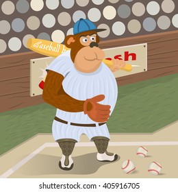 vector illustration of gorilla baseball player on a stadium.
