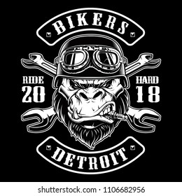 Vector illustration with Gorilla Biker. Design of motorcycle path with rider. Black and white version.