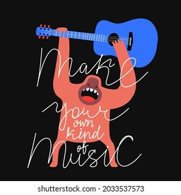 Ilustración vectorial de gorila con guitarra acústica azul. Haz tu propio tipo de frase musical motivacional. Afiche de tipografía de color con diseño de huellas de animales y prendas de vestir